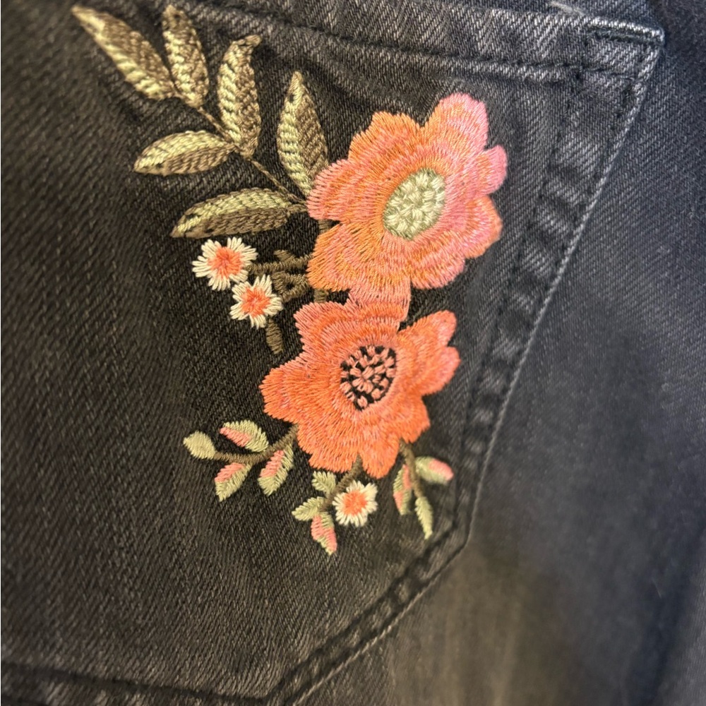 Hollister Black Denim Overall Mini Dress Y2K Grunge Embroidered Flowers Small - Picture 8 of 9